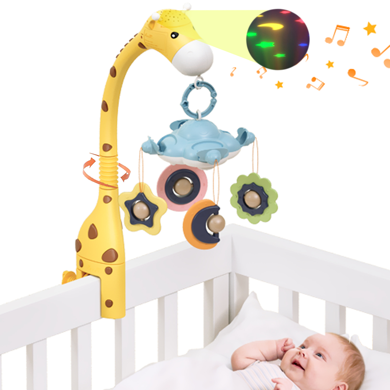 Baby Nursery Musical Crib Mobile Light 360 Rotate Teether Rattle Toy