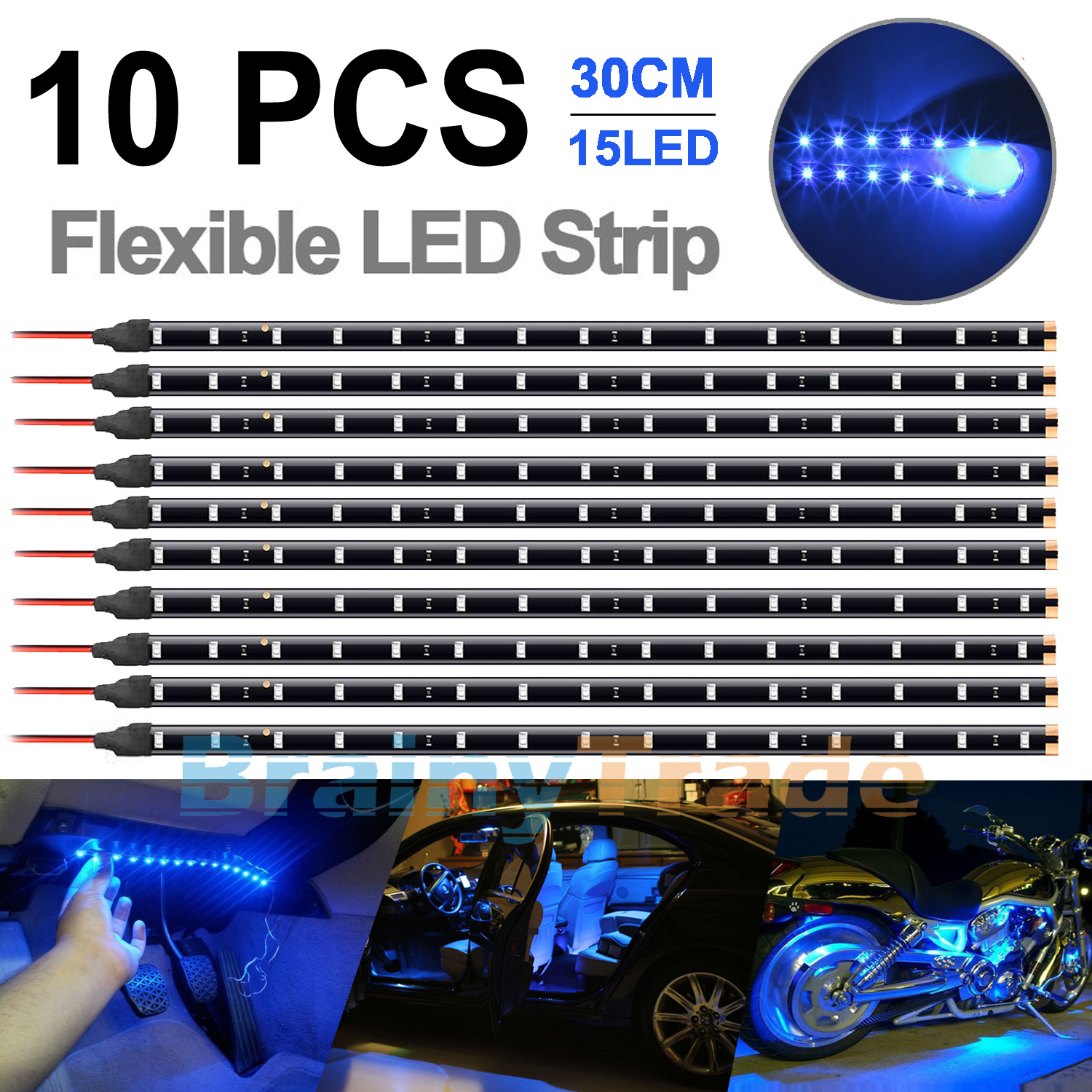 10pcs Car Motors Truck Flexible LED Strip Lights 12V Waterproof 30CM