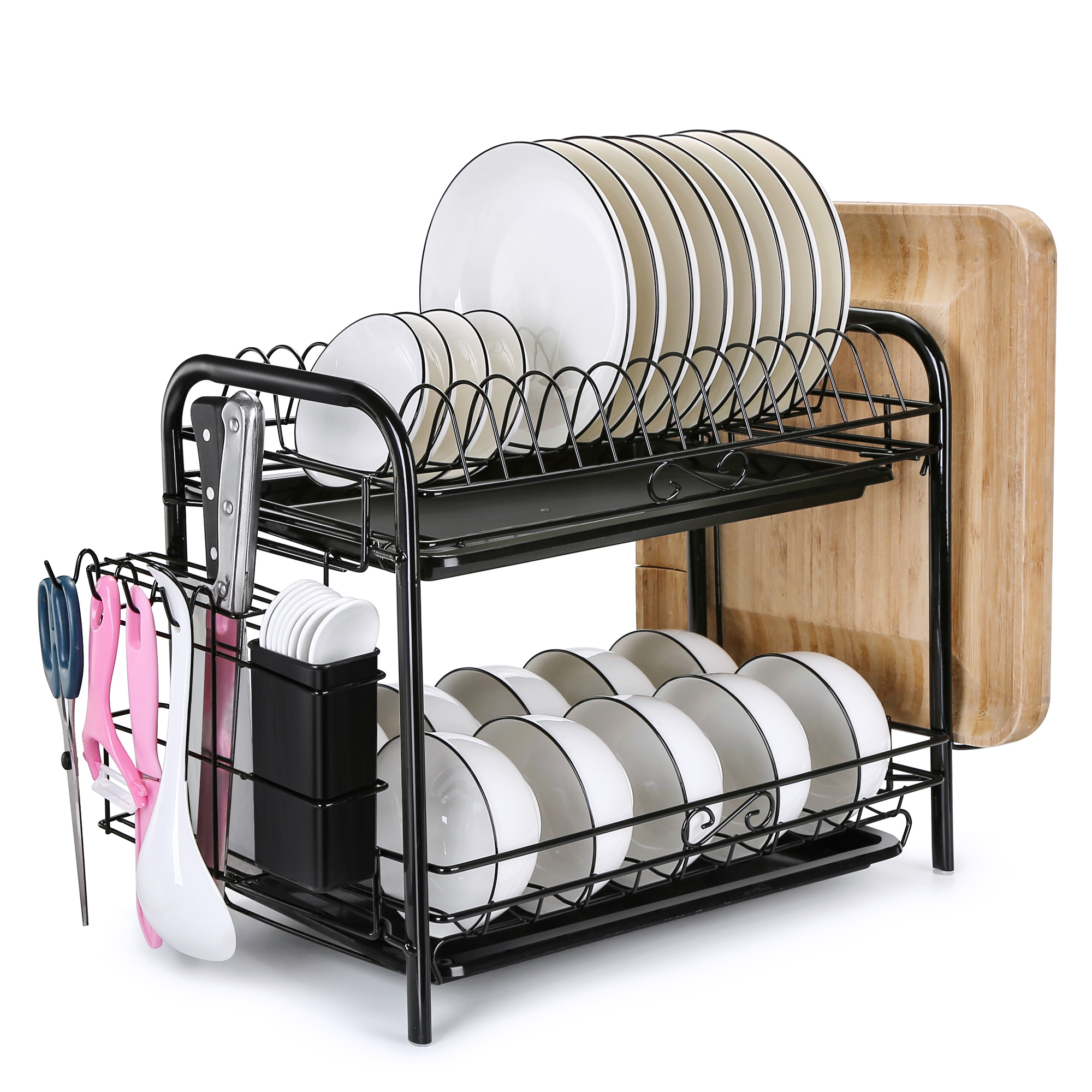 Large Capacity Dish Rack 2 Tier w// Utensil Holder Drainer Drying Kitchen Storage