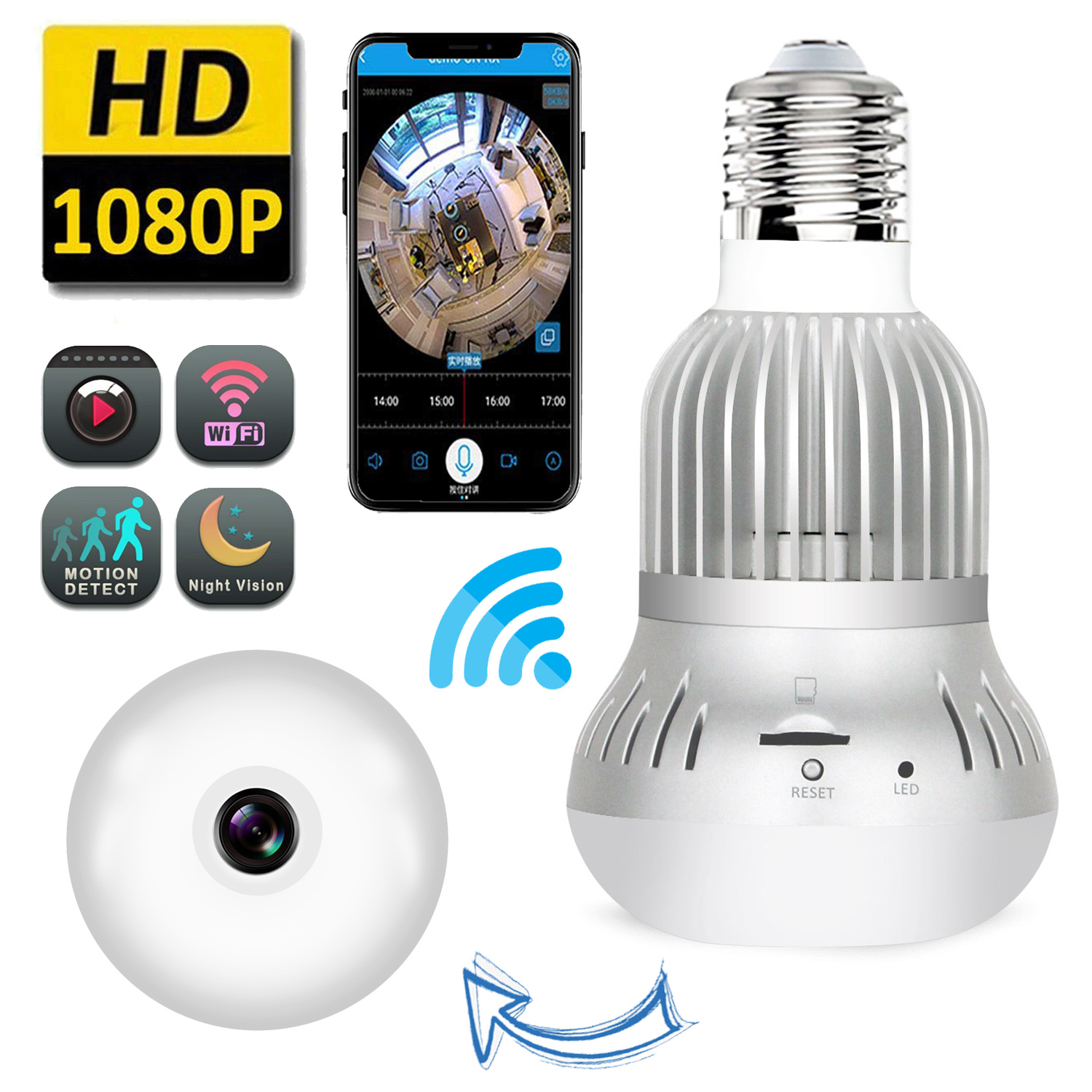 Panoramic Wifi IP Camera Light Bulb Home Security Lamp Fisheye Cam